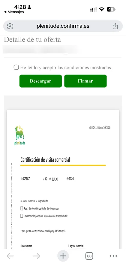 Pantalla Plenitude: confirmación de firma