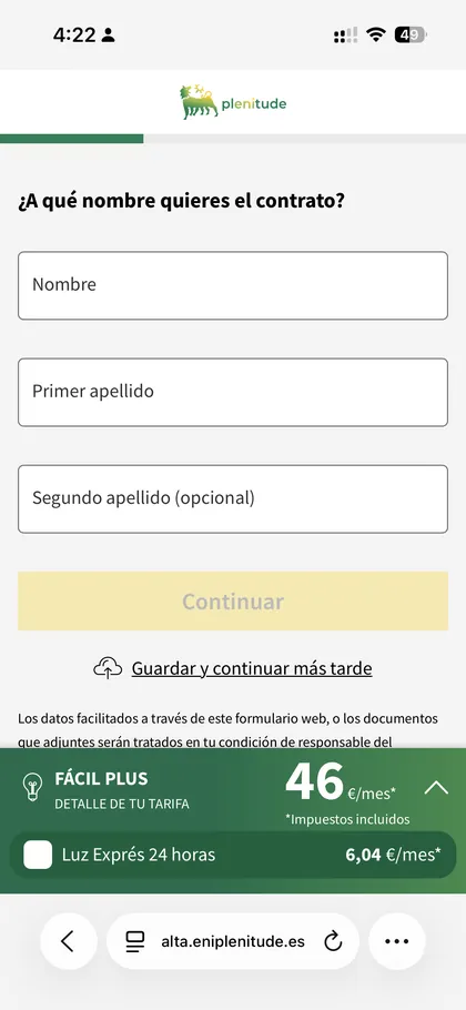 Pantalla Plenitude: nombre del contrato