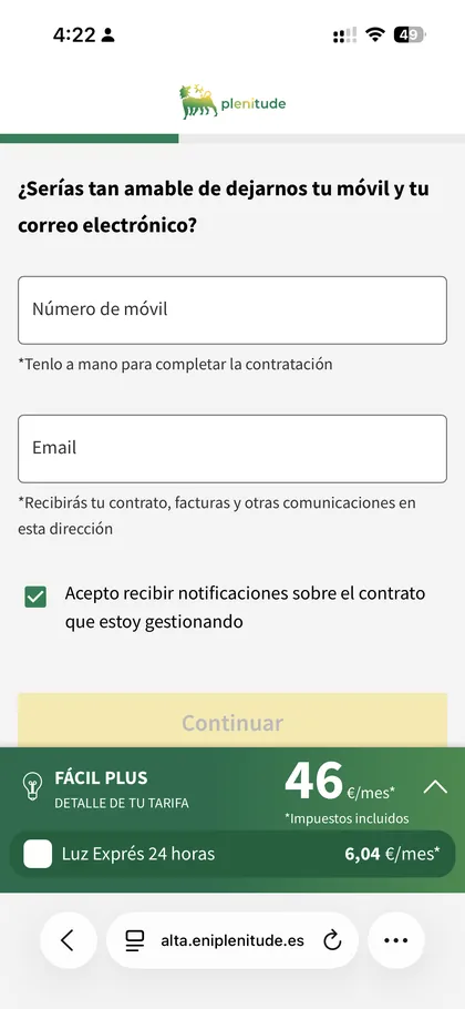 Pantalla Plenitude: móvil y correo electrónico