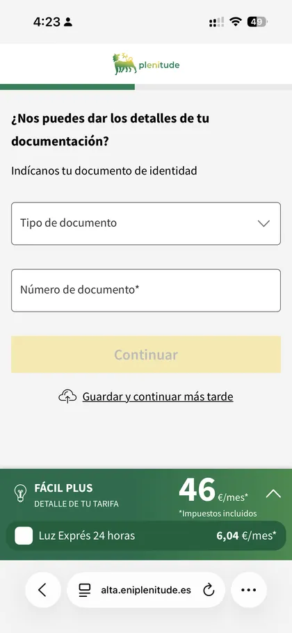 Pantalla Plenitude: documento de identidad