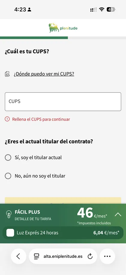 Pantalla Plenitude: CUPS y titularidad