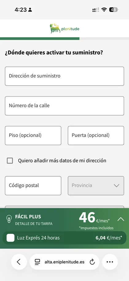 Pantalla Plenitude: dirección del suministro