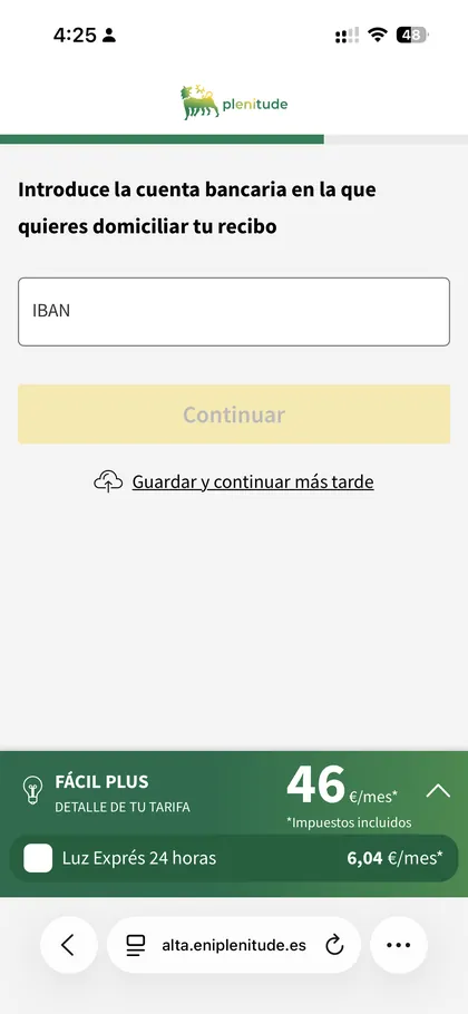 Pantalla Plenitude: cuenta bancaria