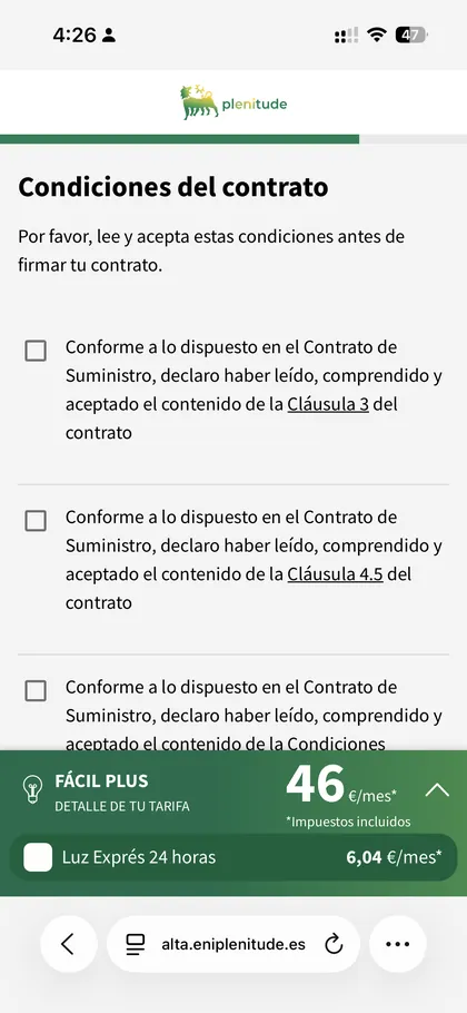 Pantalla Plenitude: condiciones del contrato y RGPD