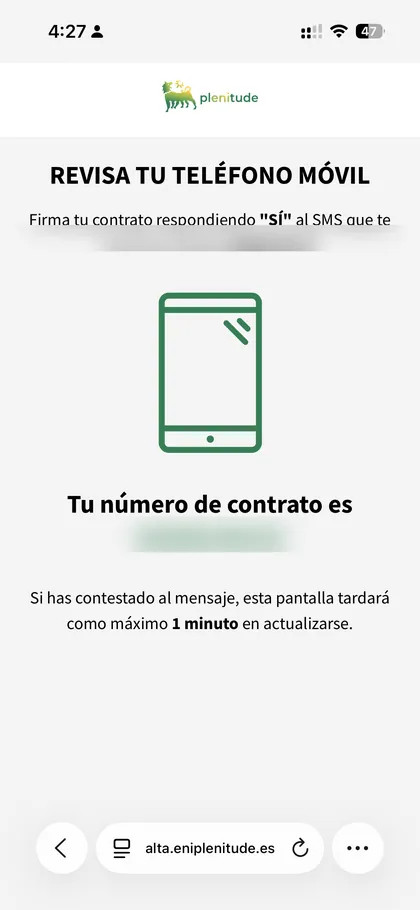 Pantalla Plenitude: firma por SMS